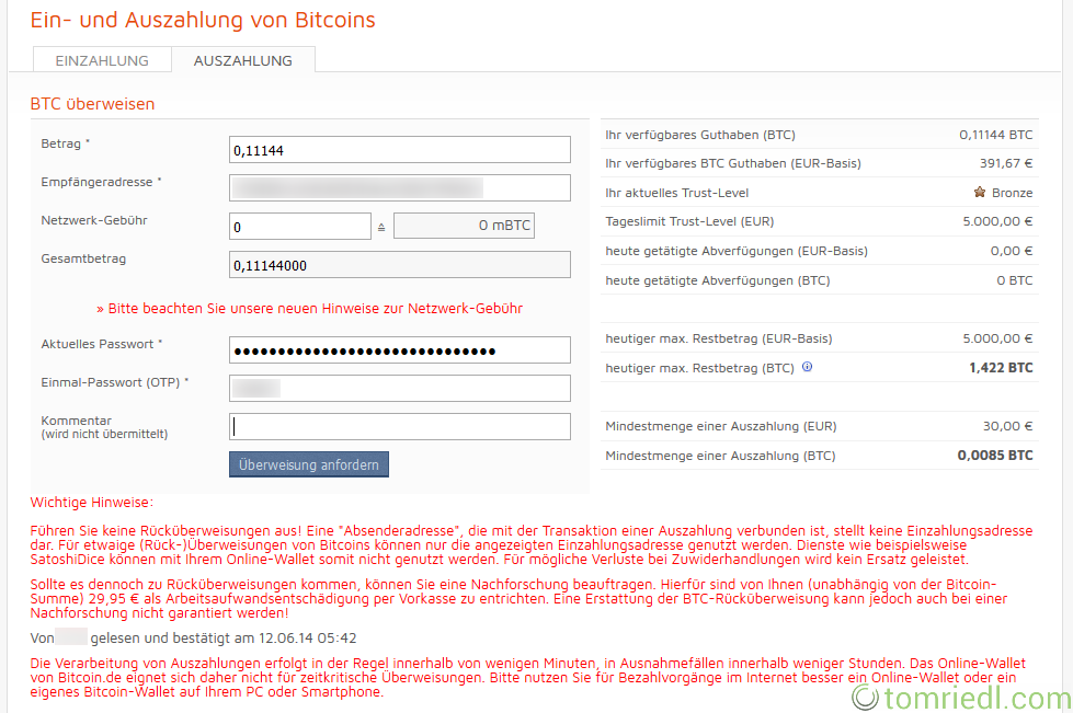 bitcoin.de Auszahlung