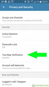 Telegram X Two-Step Verification settings menu