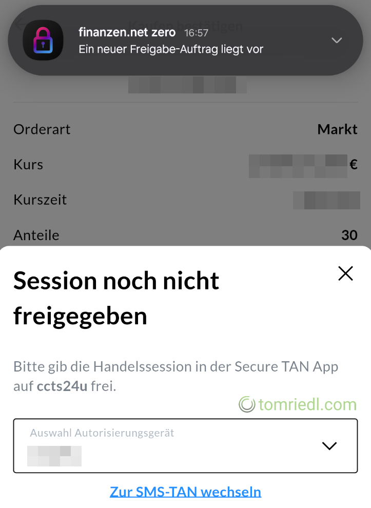 TAN-Code über App oder SMS von finanzen.net ZERO