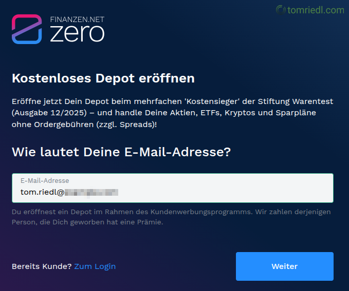 Konto eröffnen, E-Mail eingeben